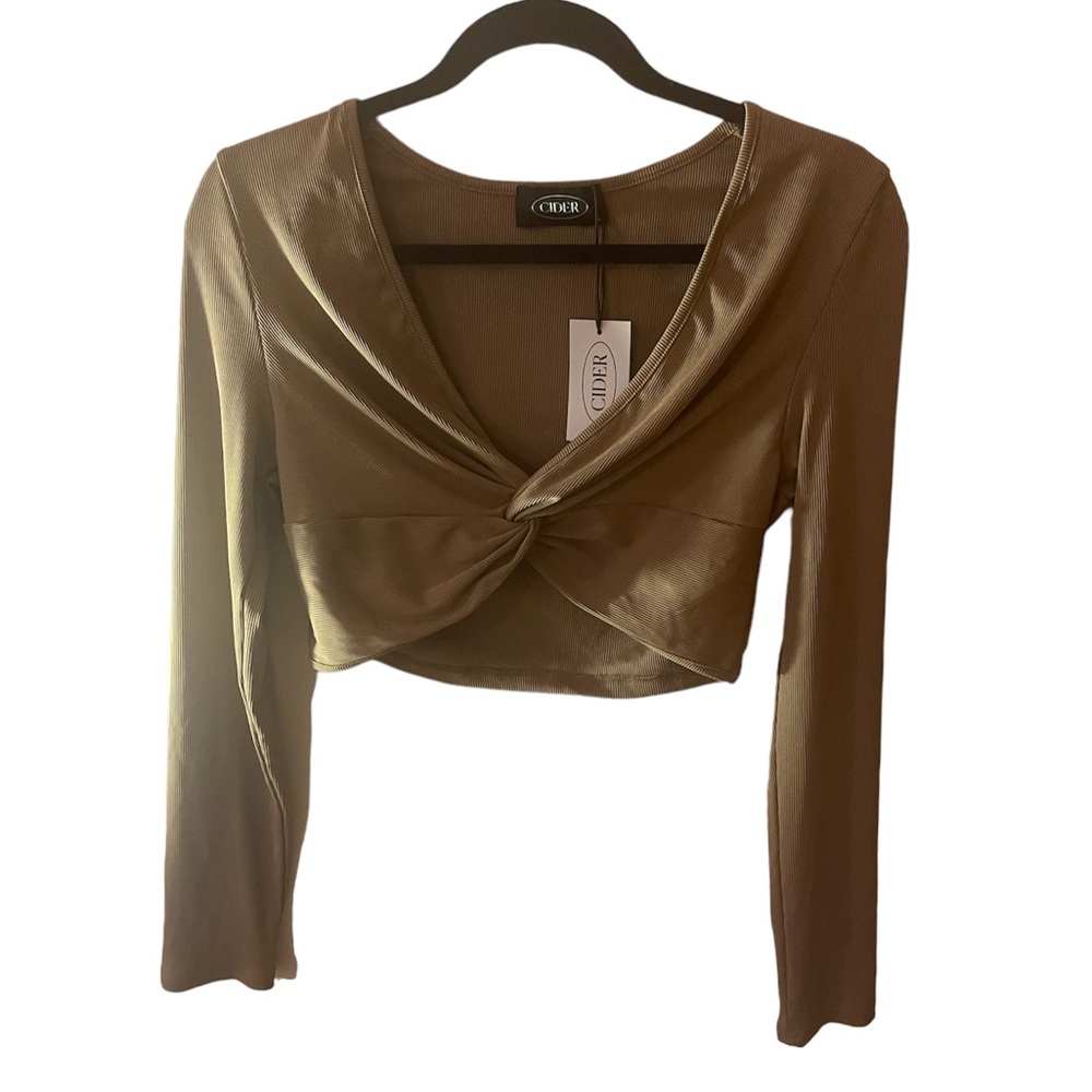NWT cider camel brown ribbed long sleeve knot tied cross tee size large
